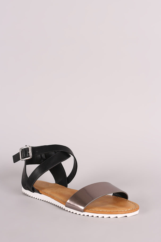 Bamboo Colorblock Crisscross Ankle Strap Lug Sole Flat Sandal