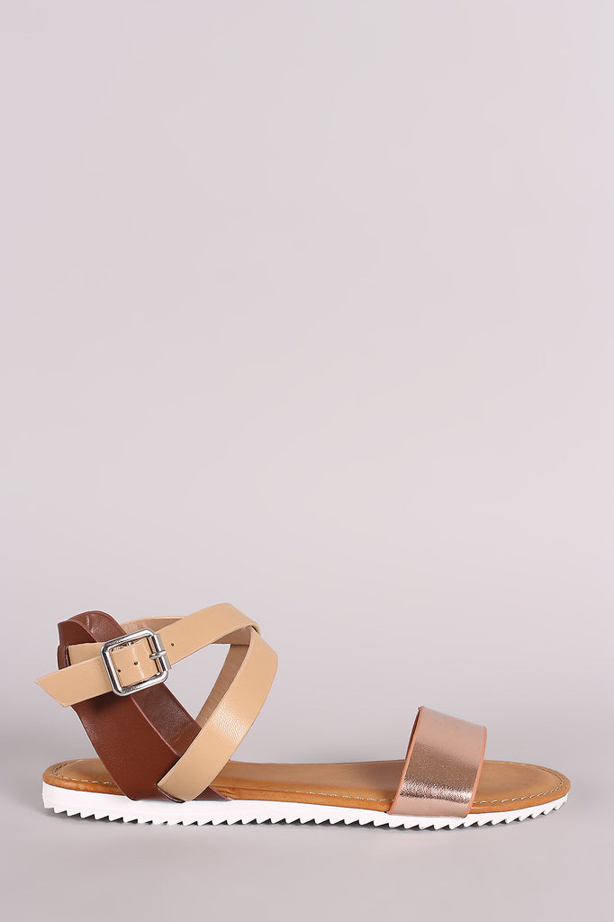 Bamboo Colorblock Crisscross Ankle Strap Lug Sole Flat Sandal