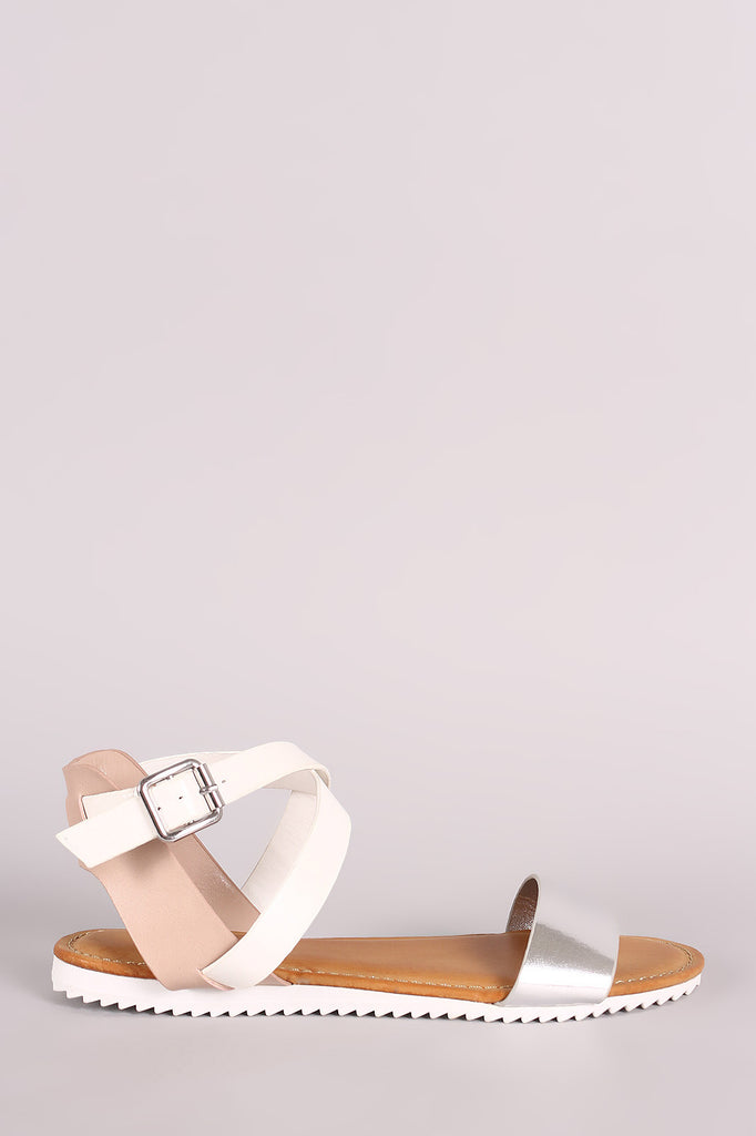 Bamboo Colorblock Crisscross Ankle Strap Lug Sole Flat Sandal