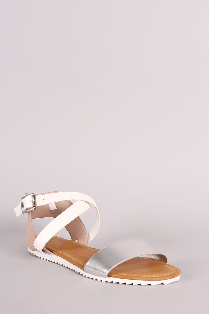 Bamboo Colorblock Crisscross Ankle Strap Lug Sole Flat Sandal