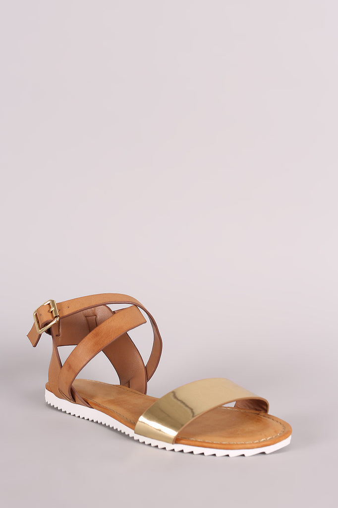 Bamboo Colorblock Crisscross Ankle Strap Lug Sole Flat Sandal