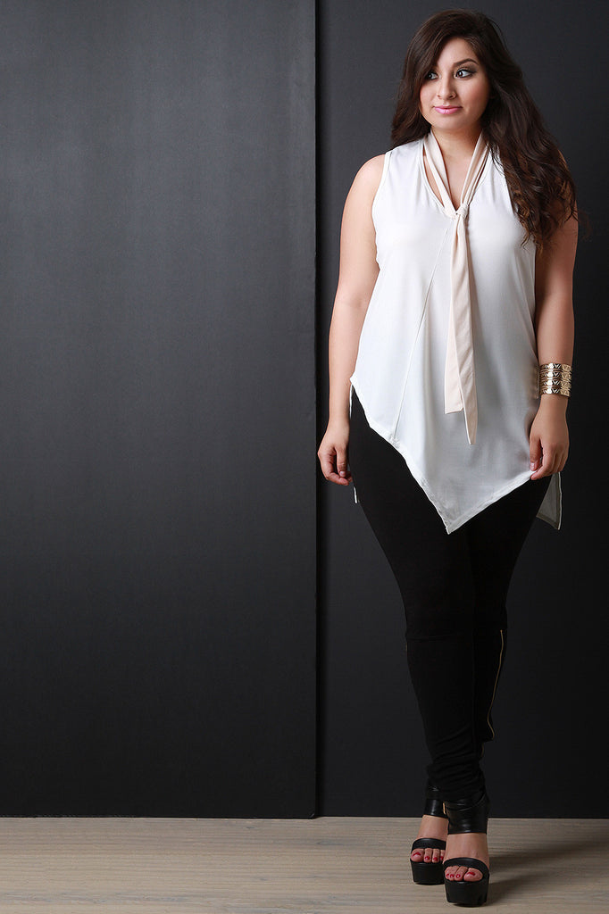 Contrast Neck Tie Angled Hem Sleeveless Top