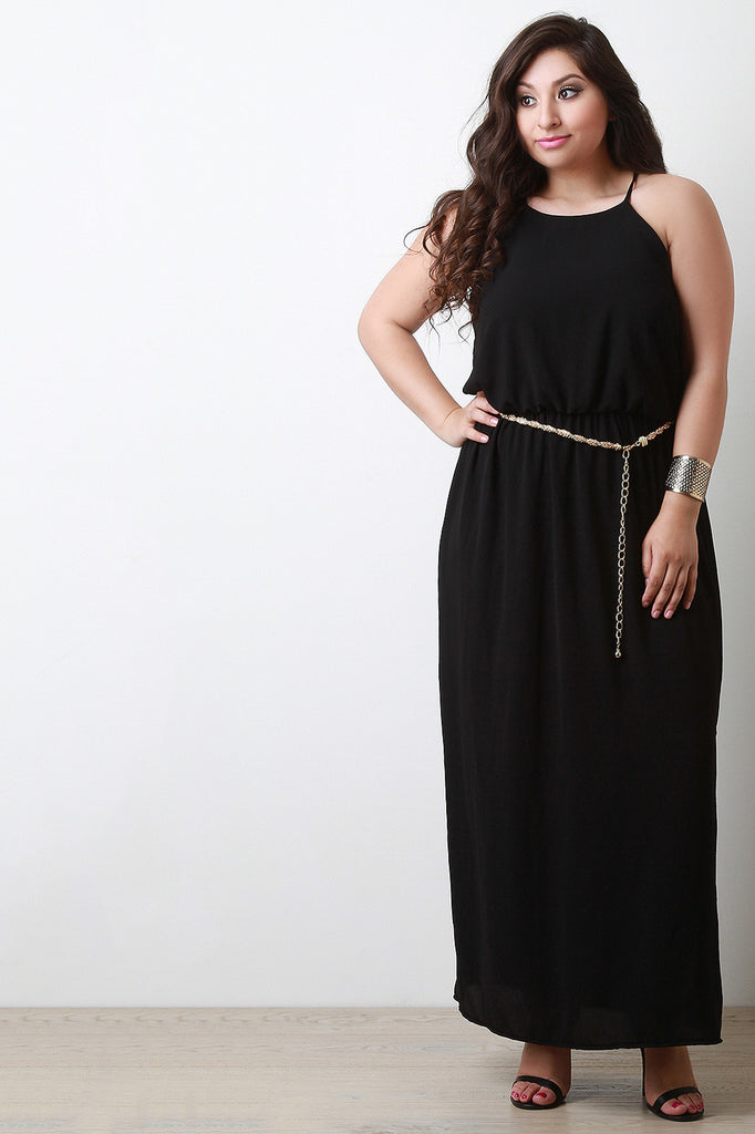 High Neck Cinched Waist Maxi Dress