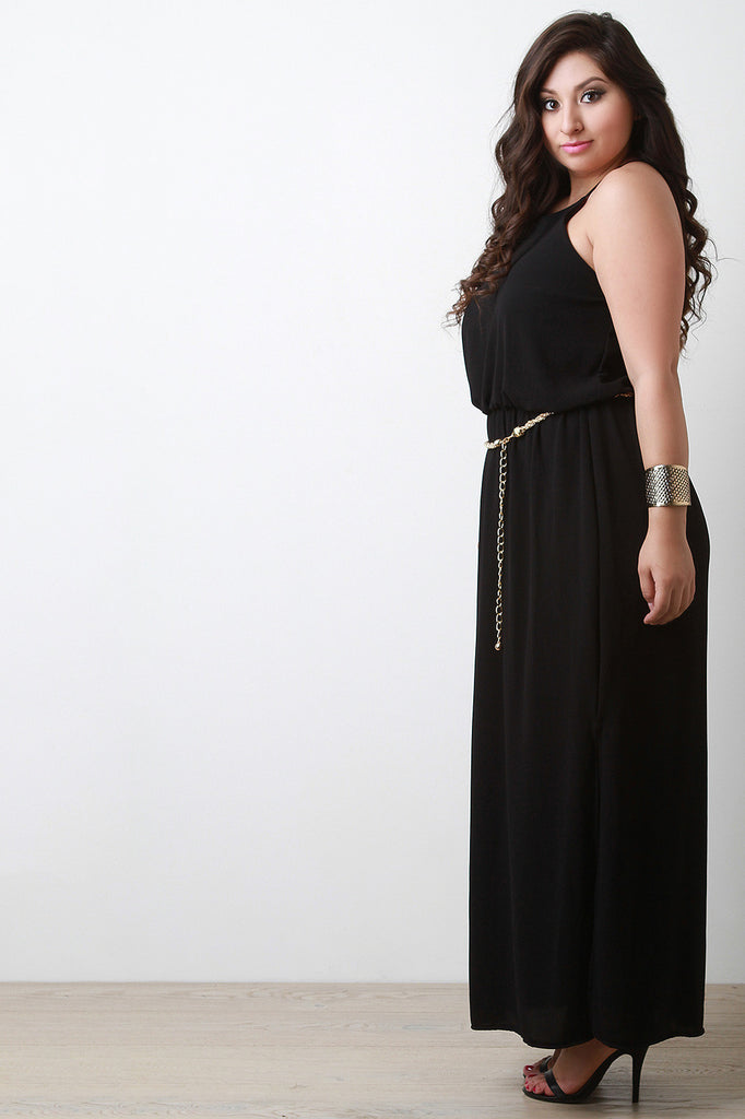 High Neck Cinched Waist Maxi Dress