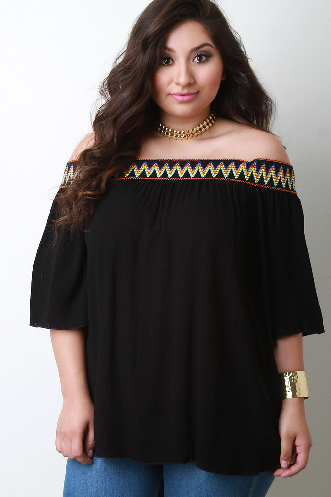 Embroidered Elastic Off The Shoulder Blouse