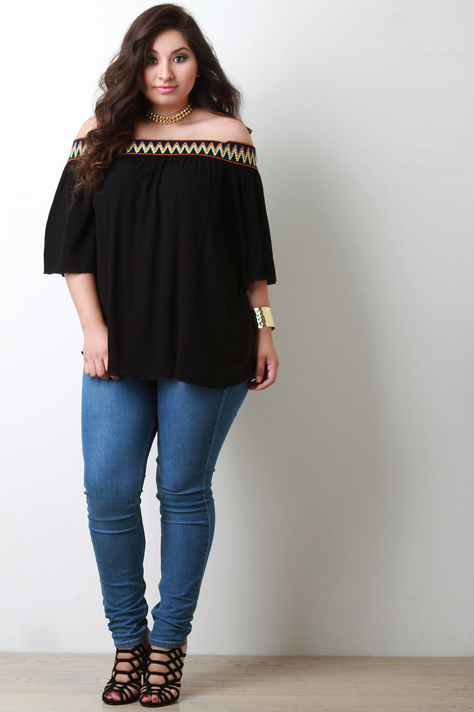 Embroidered Elastic Off The Shoulder Blouse