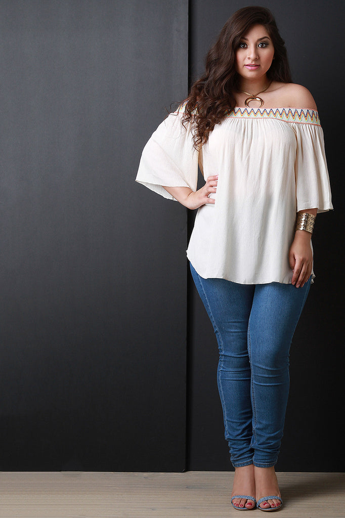 Embroidered Elastic Off The Shoulder Blouse