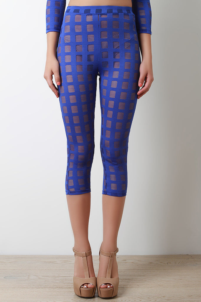 Semi-Sheer Fishnet Grid Capri Leggings