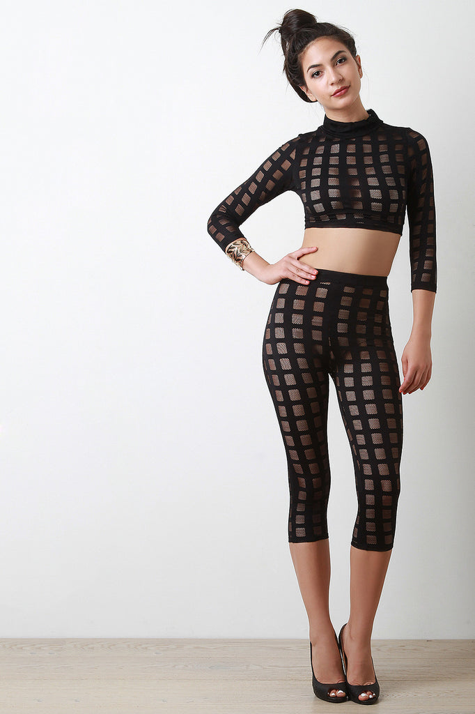 Semi-Sheer Fishnet Grid Mock Neck Crop Top