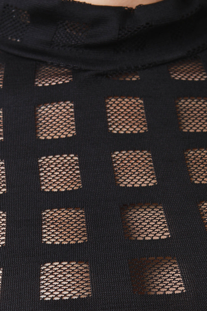 Semi-Sheer Fishnet Grid Mock Neck Crop Top