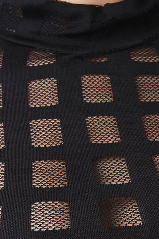 Semi-Sheer Fishnet Grid Mock Neck Crop Top