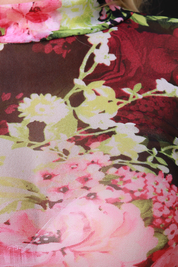 Semi-Sheer Mesh Floral Mock Neck Crop Top