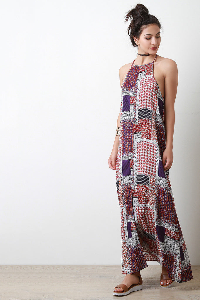 Patchwork Spaghetti Strap Cross Back Maxi Dress