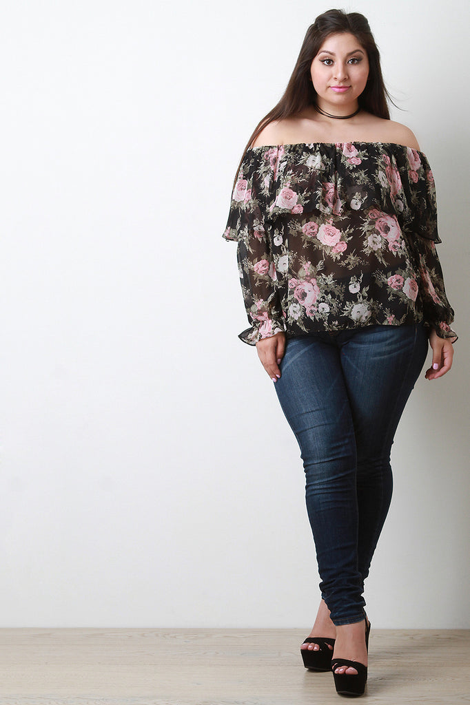 Off The Shoulder Semi-Sheer Floral Top