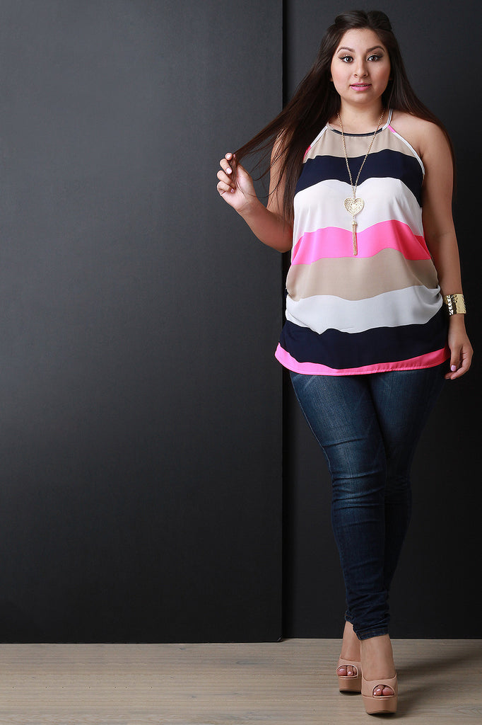 Multicolor Stripes Flowy Halter Heart Necklace Top