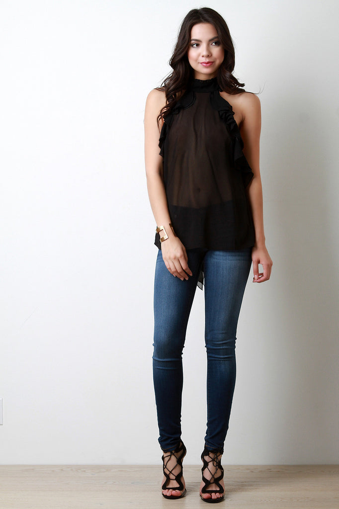 Semi-Sheer Mock Neck Bow Tie Ruffled Top