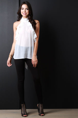 Semi-Sheer Mock Neck Bow Tie Ruffled Top