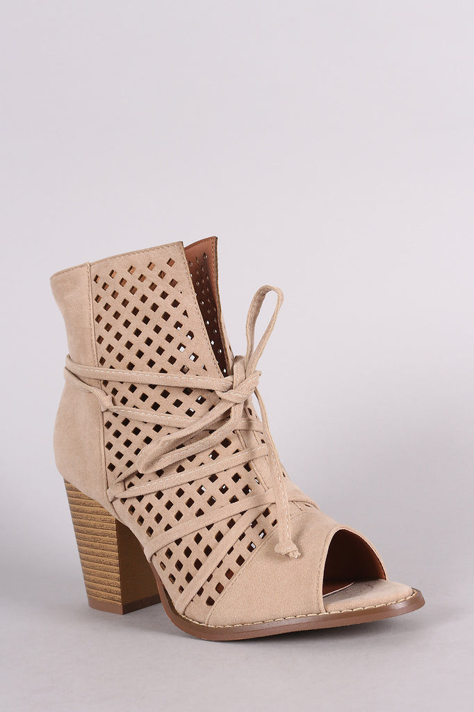 Perforated Suede Slit Lace-Up Chunky Heeled Booties