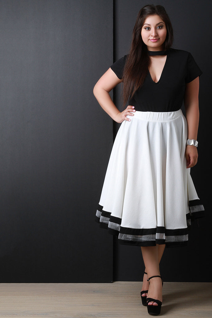 Crinkled Contrast Mesh Hem Circle Midi Skirt