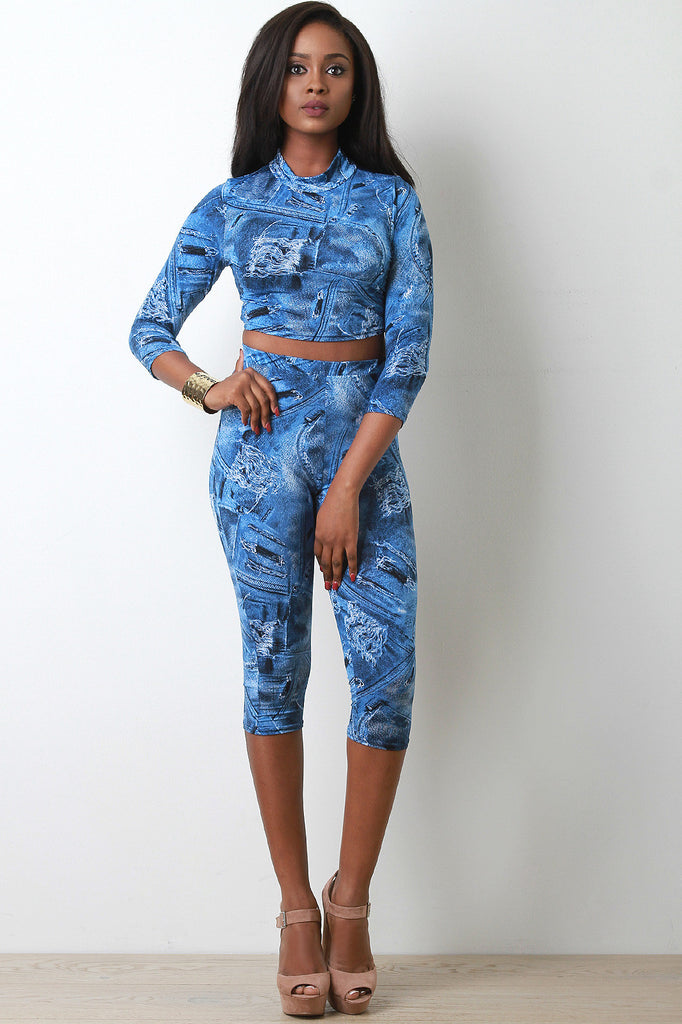 Mock Neck Denim Print Crop Top