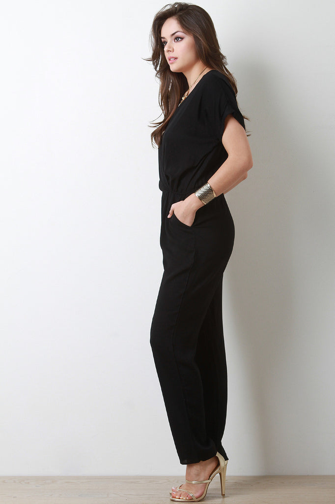 Solid Surplice Short Sleeve Jumpsuit