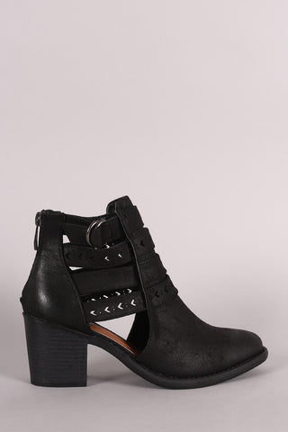 Two-Tone Snap Button Strap Chunky Heel Ankle Bootie