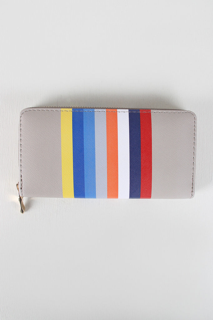 Vegan Leather Stripe Pattern Zippered Wallet