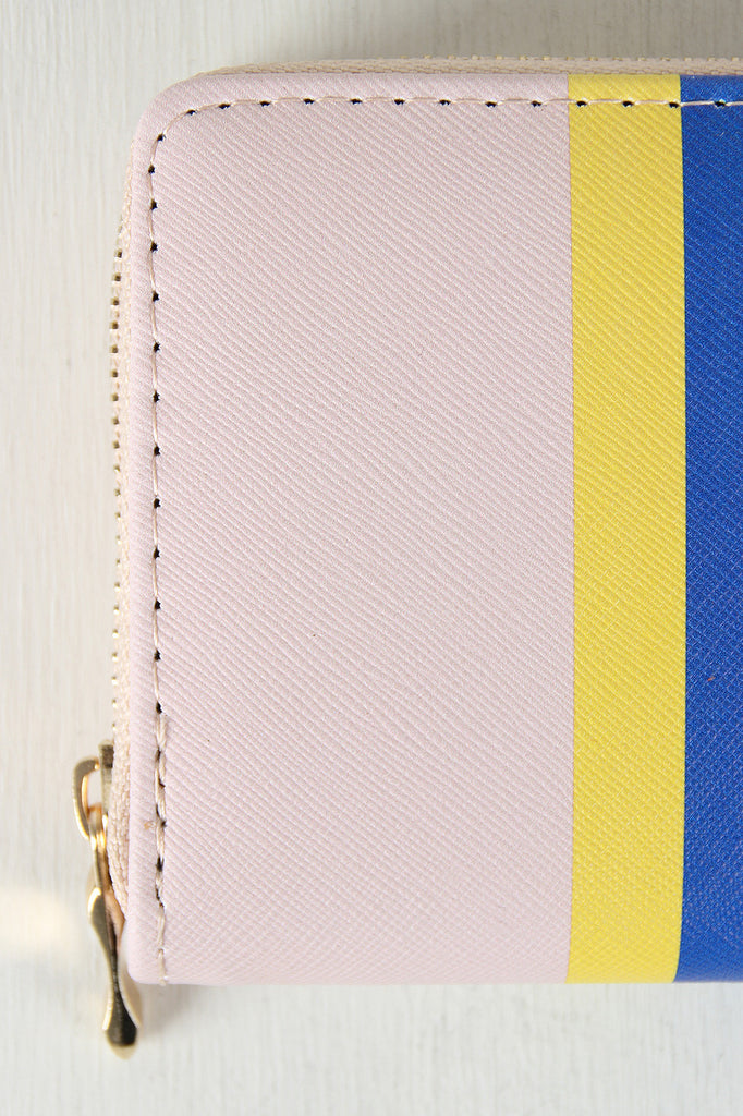 Vegan Leather Stripe Pattern Zippered Wallet