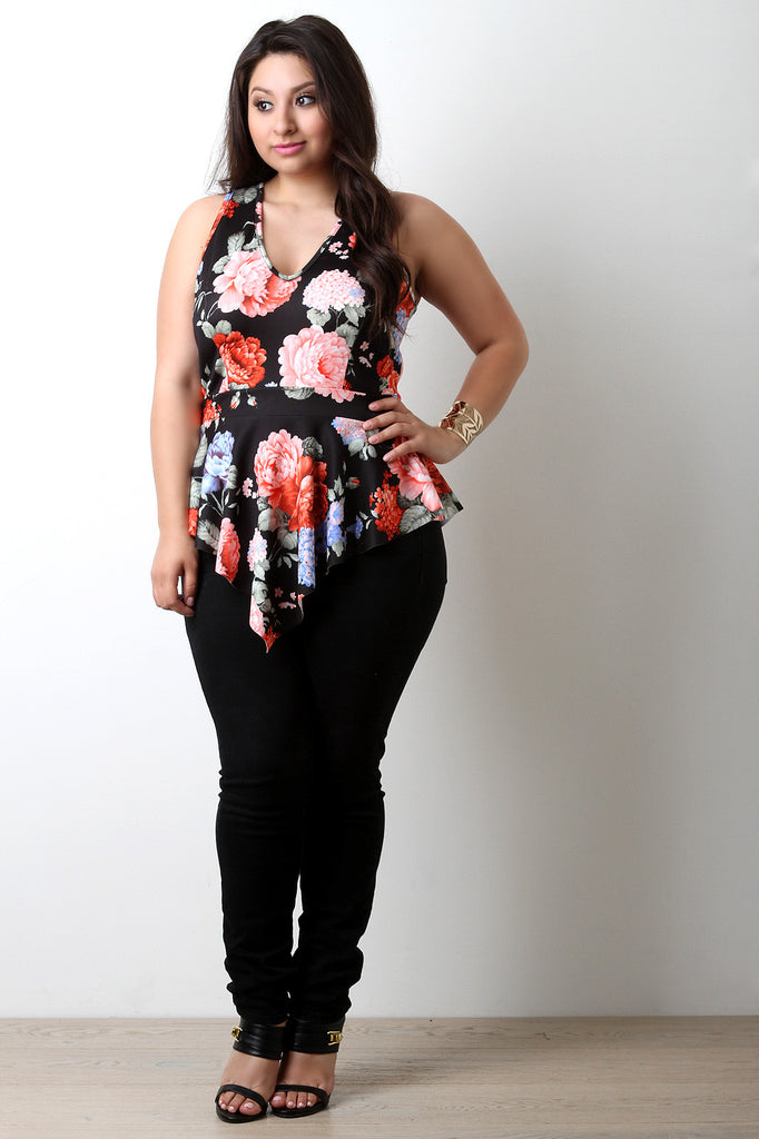 Floral Print V-Neck Asymmetrical Peplum Top