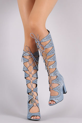 Python Perforated Scalloped Lace-Up Boots