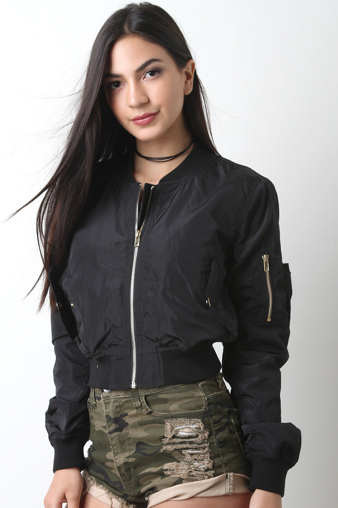 Zip Up Crop Bomber Jacket