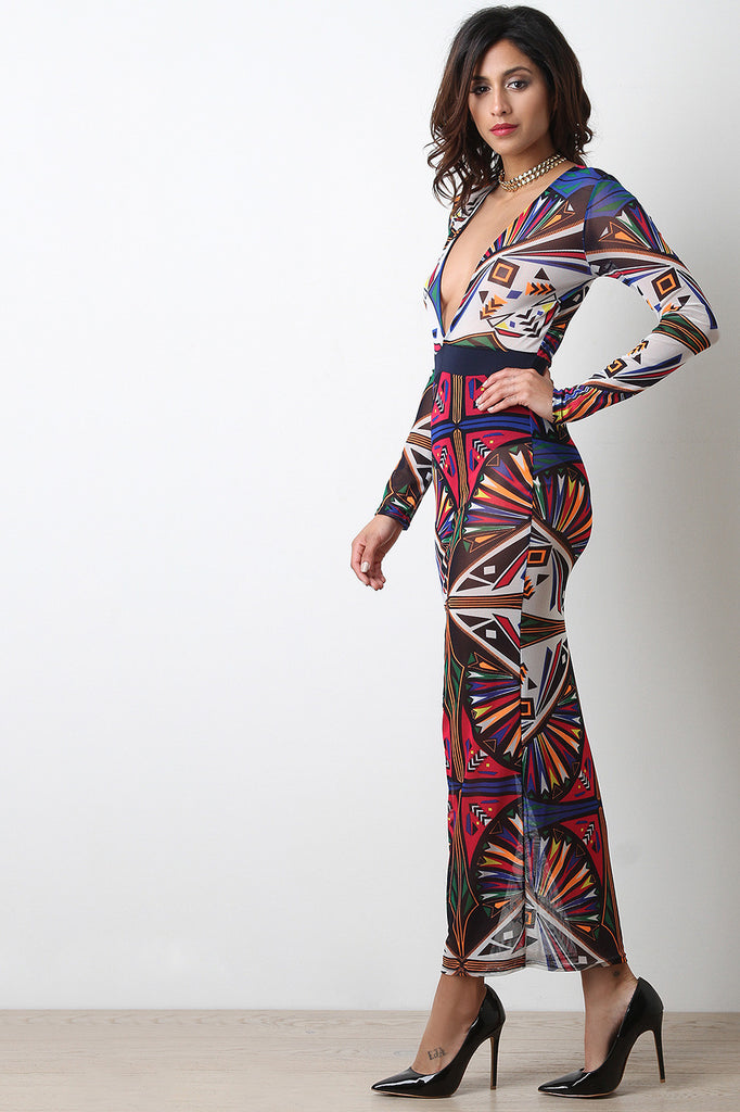 Abstract Geo Mesh Long Sleeve Maxi Dress