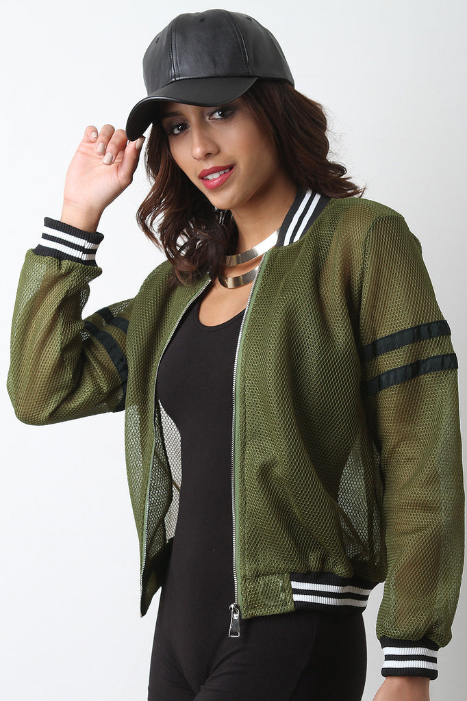 Honeycomb Mesh Stripe Trim Bomber Jacket