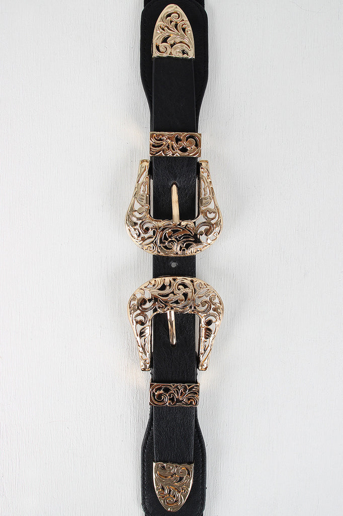 Double Buckle Etched Cutout Elastic Belt