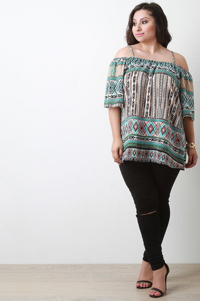 Tribal Print Cold Shoulder Elbow Sleeve Blouse Top