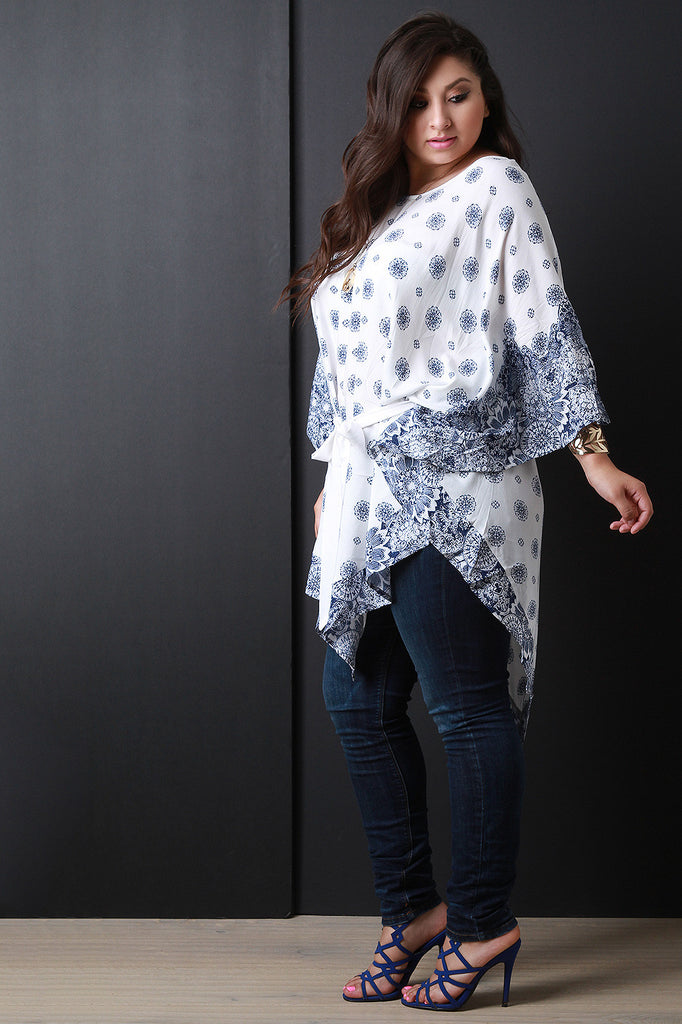 Floral Print Quarter Sleeve Waist-Tie Poncho Top