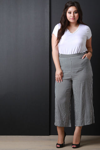 High Low Horizontal Stripe Pleated Skirt