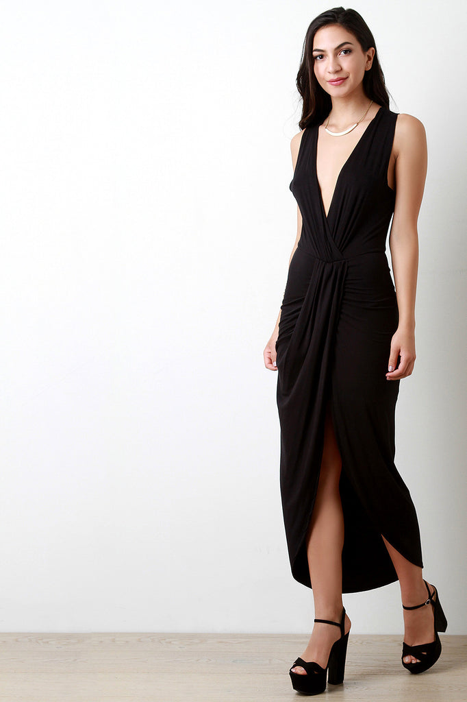 Surplice Wrap V-Neck Gathered Center Dress