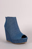 Bamboo Denim Peep Toe Wedge Booties