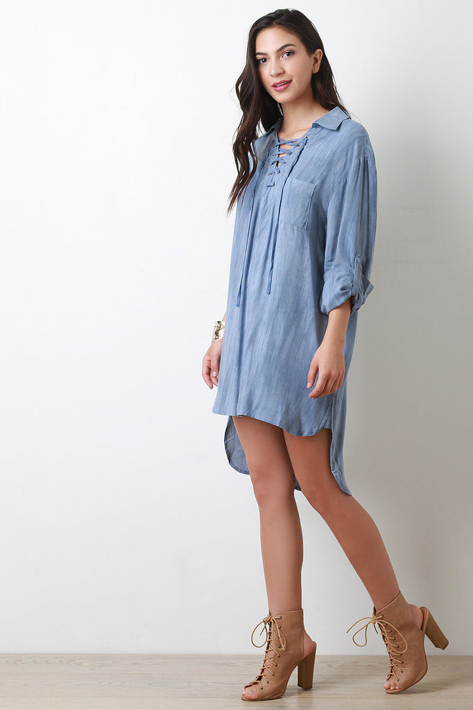 Lace Up Neckline Chambray Shirt Dress