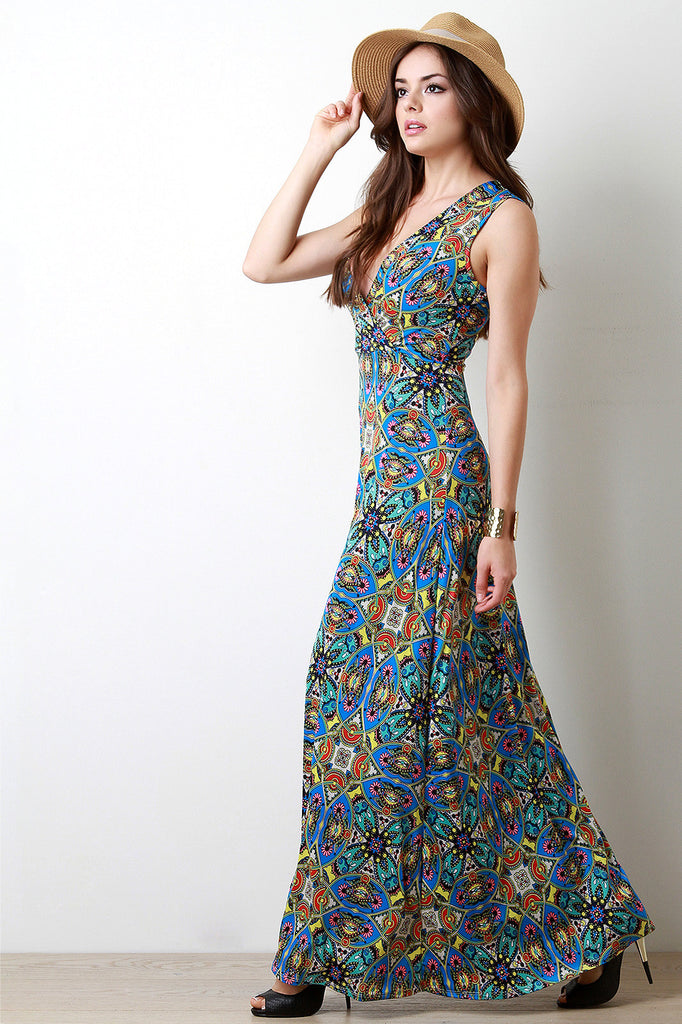 Paisley Boho Print Surplice Sleevess Maxi Dress