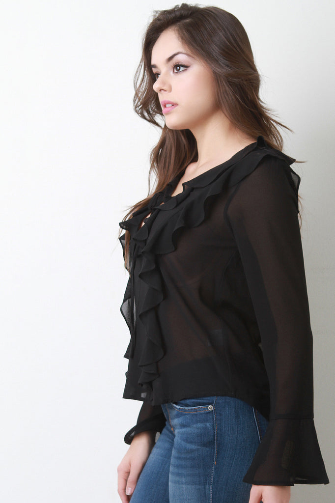 Chiffon Cascade Ruffle Long Sleeve Blouse Top