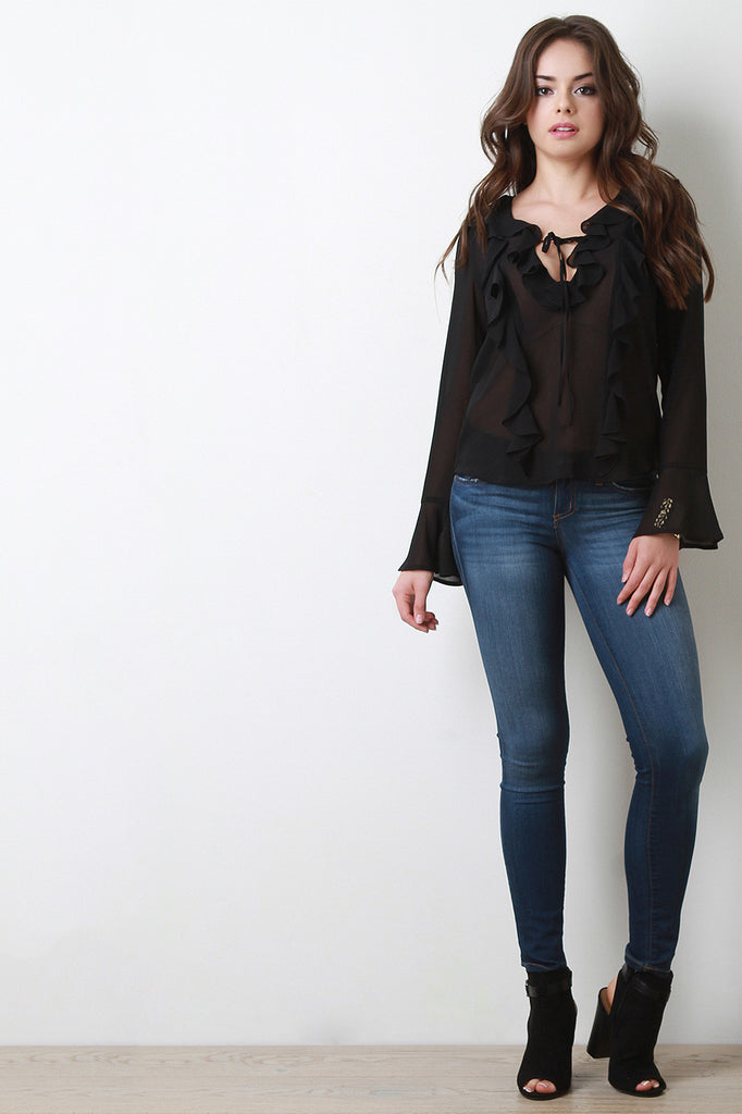 Chiffon Cascade Ruffle Long Sleeve Blouse Top