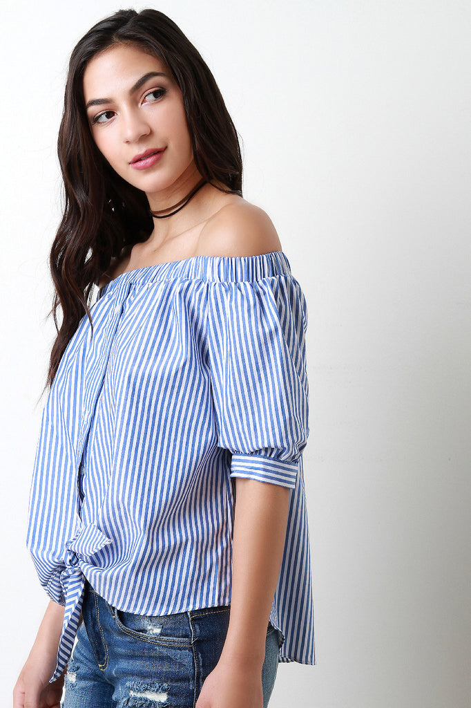 Off-The-Shoulder Stripes Button-Up Top