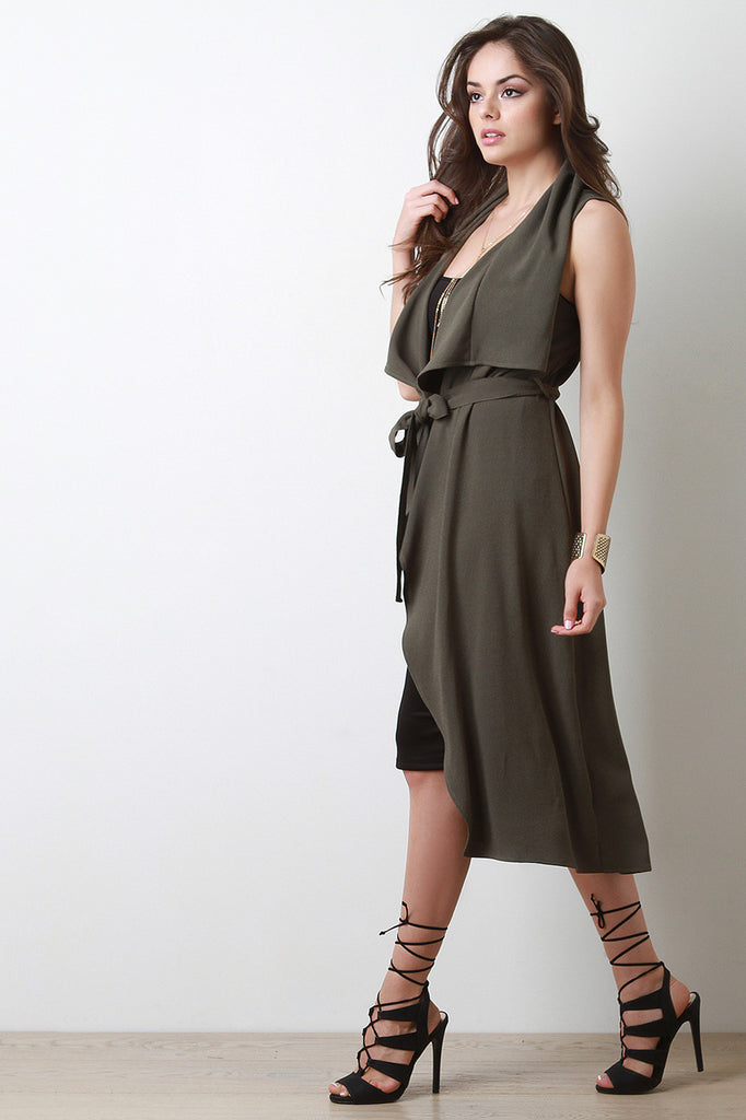 Draped Self-Tie Sleeveless Cardigan