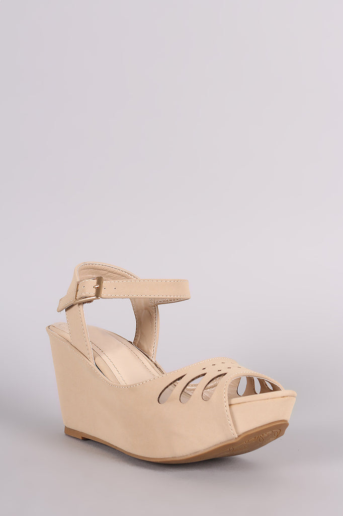 Perforated Nubuck Ankle Strap Platform Wedge