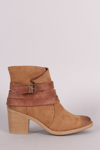 Two-Tone Snap Button Strap Chunky Heel Ankle Bootie