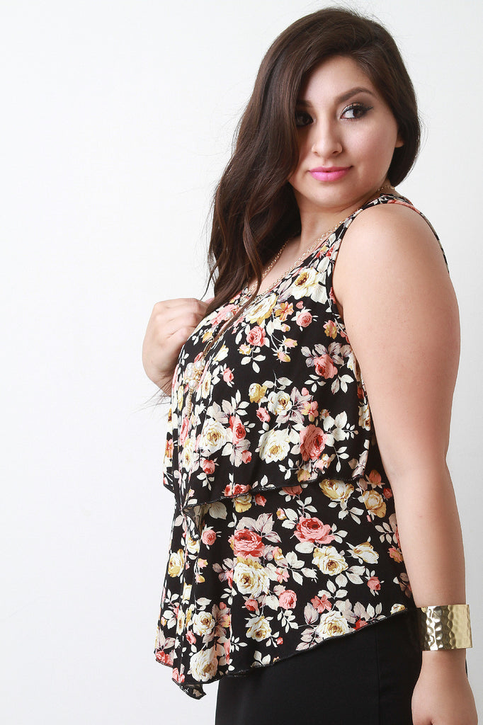 Plus Size Sleeveless Floral Flounce Necklace Top