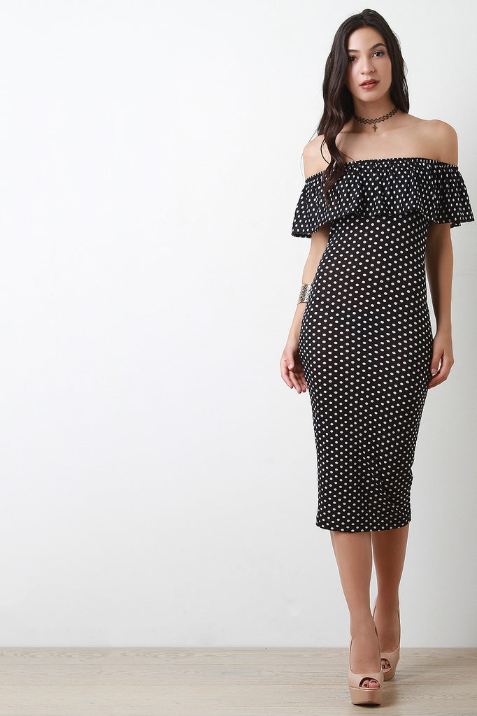 Off The Shoulder Ruffle Polka Dot Dress