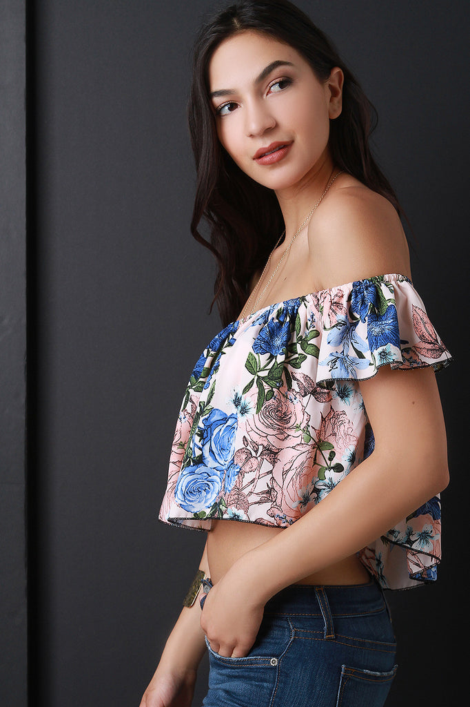 Rose Print Off The Shoulder Crop Top